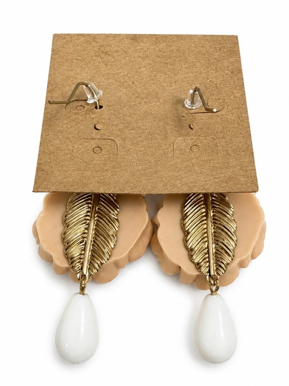 Peach Floral & Gold Leaf Drop Earrings with White Teardrop Accent NEW Plunder